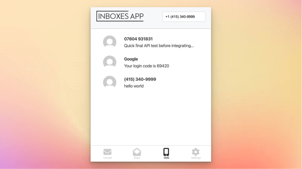 A demo screenshot of the Inboxes App Temp Phone Number tool