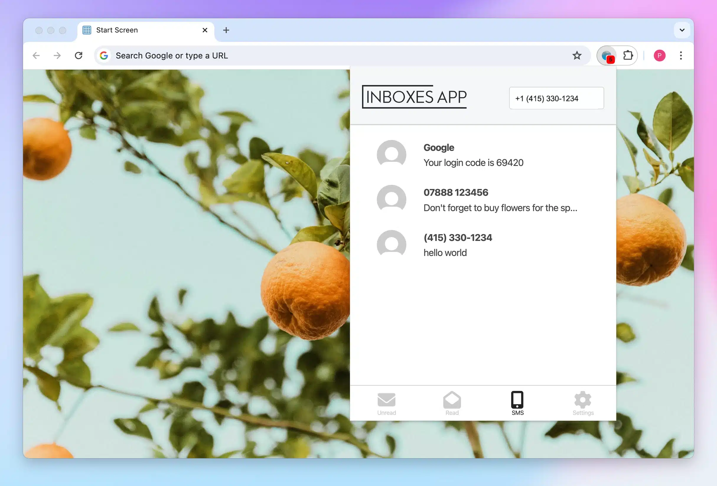 A screenshot of the Inboxes App chrome extension in the temp mail inbox screen
